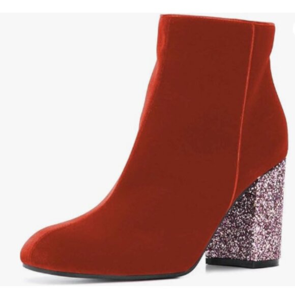 XYD Red Round Toe Glitter Chunky High Heels Party Dress Booties Velvet Boots - Picture 1 of 8